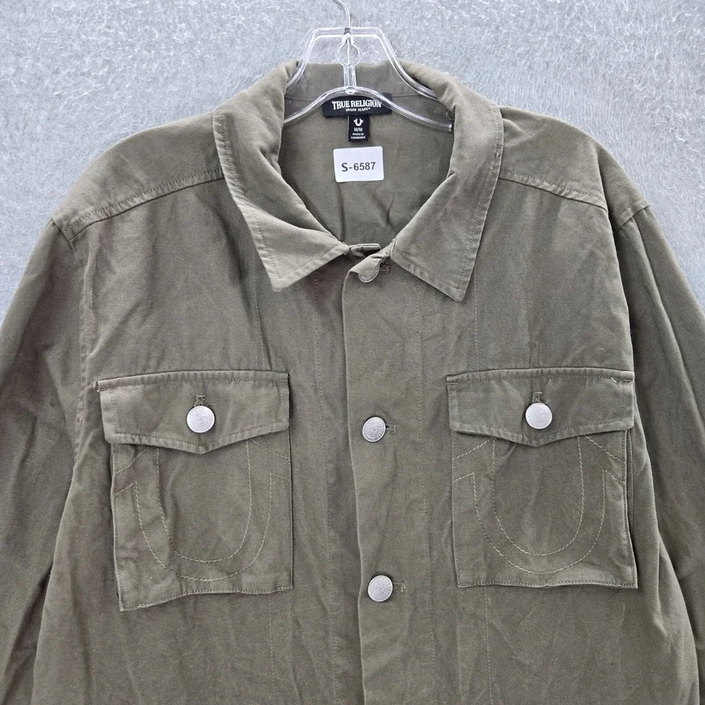 True Religion Men Jacket Medium Green Military Logo Buddha‎ Long Sleeve